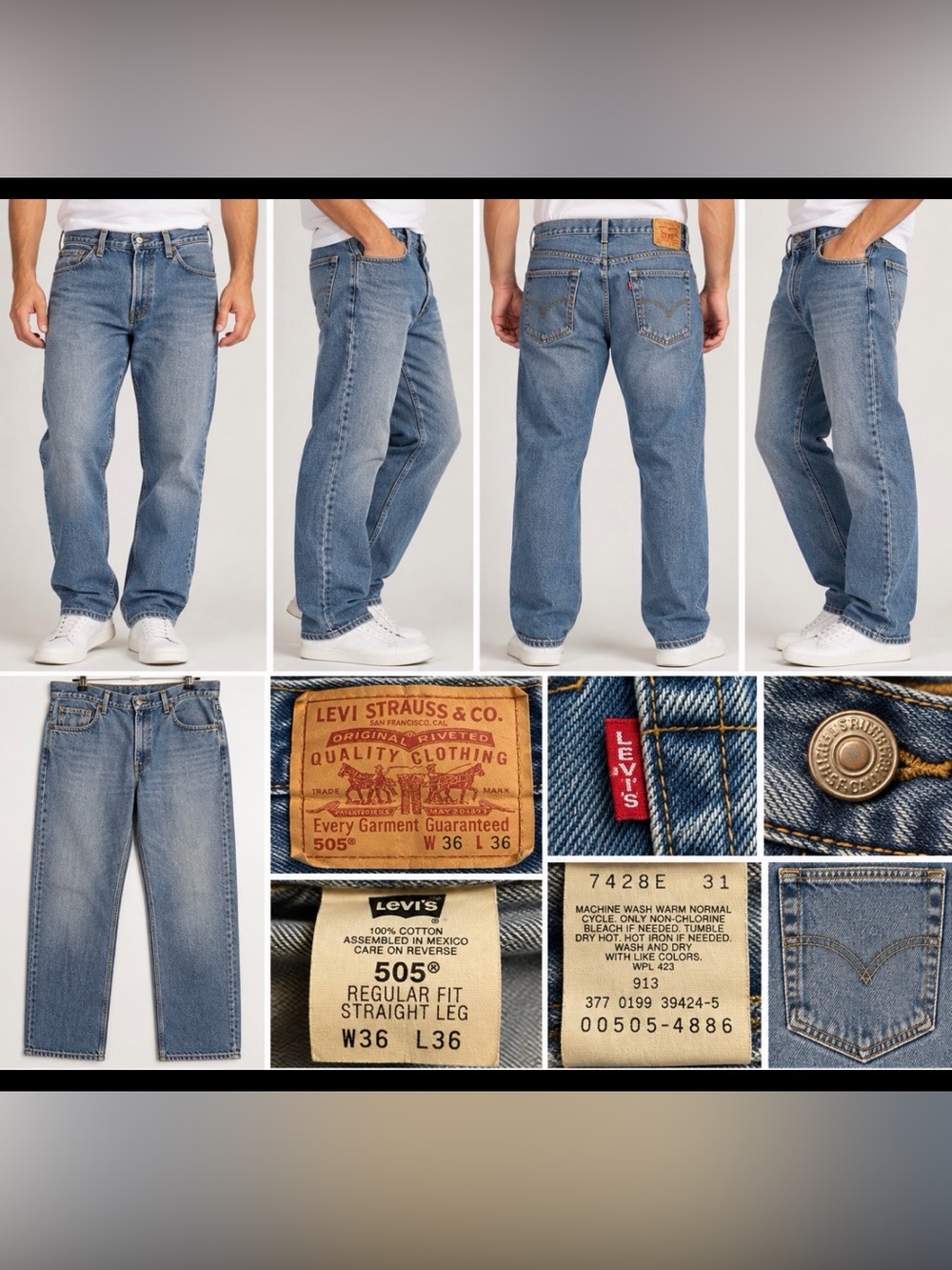 Levi’s 505 Men’s Jeans 36x36 Regular Fit Straight Leg Faded Blue Vintage